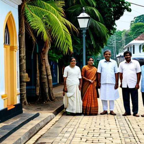 Home 4 A serene outdoor scene capturing the cultural and linguistic diversity of Sri Lanka. The image features a diverse group of fully clothed individuals, including people of Sinhalese and Tamil descent, in modest and appropriate traditional and contemporary attire. They are standing near a historic street in Galle, characterized by elegant Dutch colonial architecture. Street signs are visibly displayed with text in Sinhala, Tamil, and English, subtly indicating the island's linguistic tapestry. The atmosphere is peaceful and inviting, reflecting the warm hospitality of the people. Professional photography, high quality, perfect anatomy, correct proportions, natural pose, well-formed hands, proper finger count, natural body proportions, safe for work, appropriate content, fully clothed, family-friendly, professional dress.