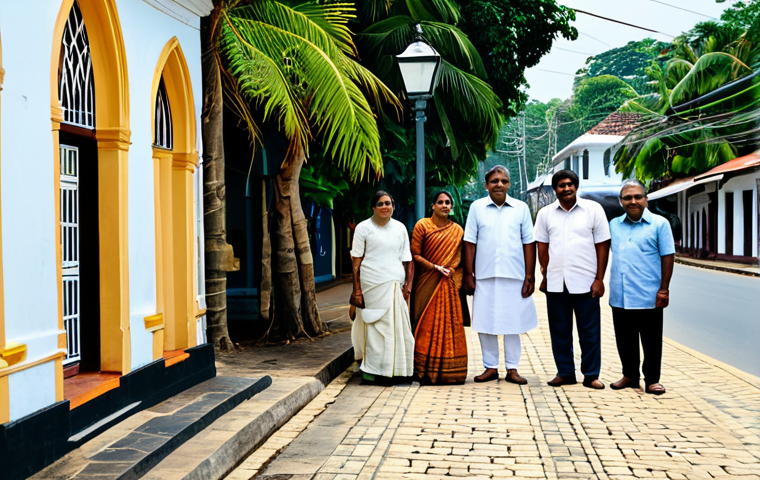A serene outdoor scene capturing the cultural and linguistic diversity of Sri Lanka. The image features a diverse group of fully clothed individuals, including people of Sinhalese and Tamil descent, in modest and appropriate traditional and contemporary attire. They are standing near a historic street in Galle, characterized by elegant Dutch colonial architecture. Street signs are visibly displayed with text in Sinhala, Tamil, and English, subtly indicating the island's linguistic tapestry. The atmosphere is peaceful and inviting, reflecting the warm hospitality of the people. Professional photography, high quality, perfect anatomy, correct proportions, natural pose, well-formed hands, proper finger count, natural body proportions, safe for work, appropriate content, fully clothed, family-friendly, professional dress.