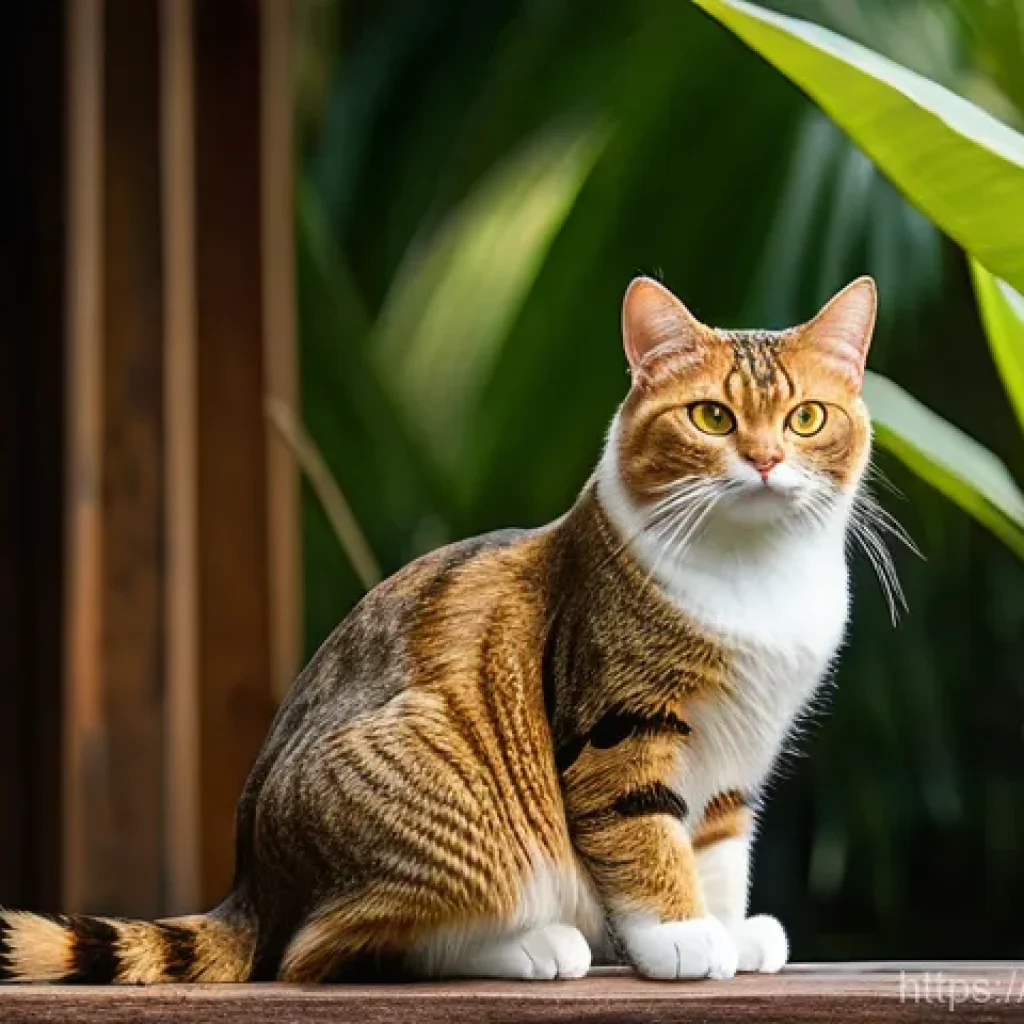 스리랑카의 실론 고양이 - **Prompt:** A majestic Ceylon cat with a dense, silky, short-haired coat in warm golden-brown hues, ...