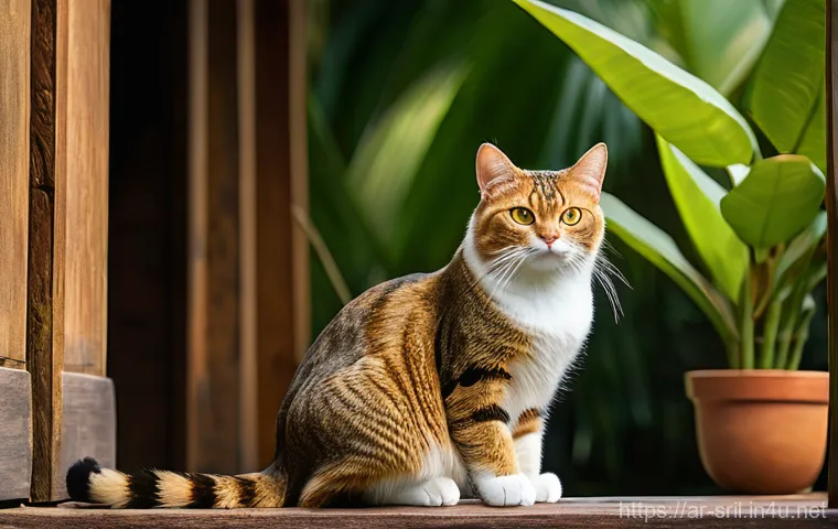 스리랑카의 실론 고양이 - **Prompt:** A majestic Ceylon cat with a dense, silky, short-haired coat in warm golden-brown hues, ...
