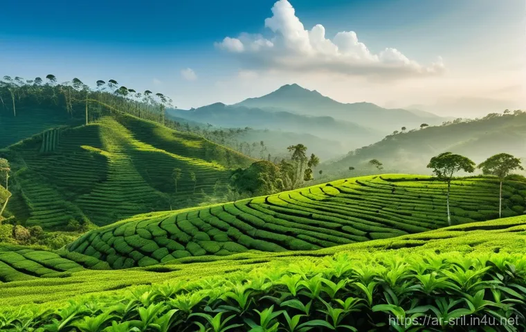 스리랑카에서 수입 가능한 제품 - **Prompt:** A picturesque, panoramic view of a lush green Ceylon tea plantation in Sri Lanka at dawn...