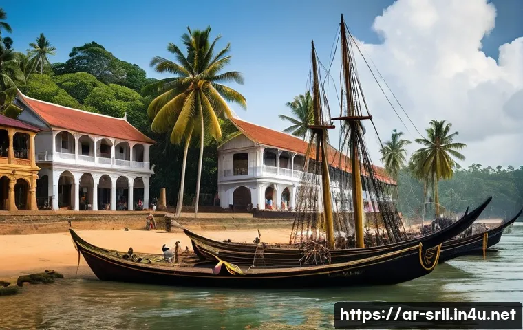 스리랑카 독립 운동 이야기 - **A 17th-century bustling port scene in Ceylon (modern-day Sri Lanka).** Large European sailing ship...
