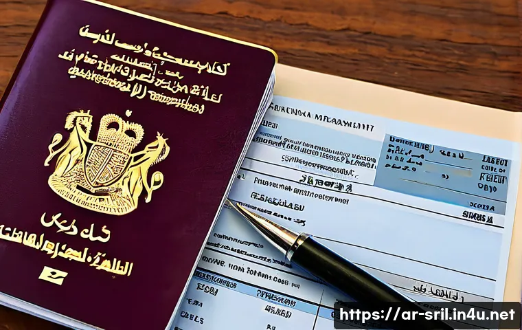 스리랑카 여권 소지자 비자 정보 - A detailed digital illustration of a Sri Lankan passport on a wooden desk surrounded by official vis...
