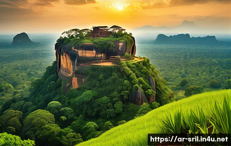 스리랑카의 유적지 지도 - A breathtaking panoramic view of Sigiriya Rock Fortress at sunrise, showcasing the massive ancient r...