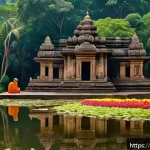 스리랑카의 유명 사원 다만둘라 - A serene ancient temple in Sri Lanka surrounded by dense lush green forests and colorful flowering p...