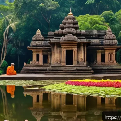 스리랑카의 유명 사원 다만둘라 - A serene ancient temple in Sri Lanka surrounded by dense lush green forests and colorful flowering p...