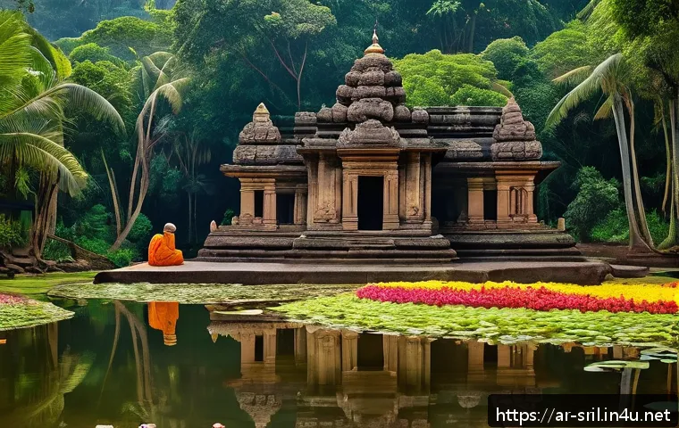 스리랑카의 유명 사원 다만둘라 - A serene ancient temple in Sri Lanka surrounded by dense lush green forests and colorful flowering p...