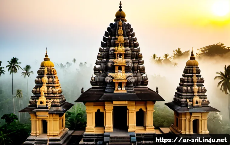 스리랑카의 힌두교 유산 - Photorealistic sunrise view of an ancient Sri Lankan Hindu temple with ornate stone gopuram towers, ...