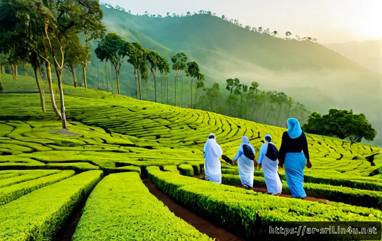 스리랑카 차밭 투어 - Photorealistic Sri Lanka tea plantation tour at sunrise, a modest Arab family in elegant lightweight...